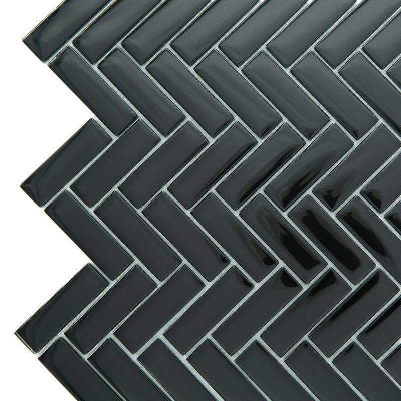 11"X 12.6" Herringbone Polished Glass Mosaic Tile, Black