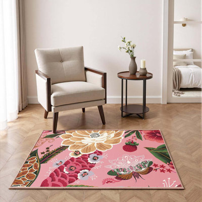 Pink Floral 2x3 Ft  Washable Kitchen & Entryway Rug Ultra-Thin Linen-Look Low-Pile Botanical Butterfly Area Rug Non-Slip Indoor Door Mat