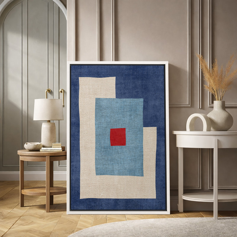 Abstract Vibrant Color Blocks "Mid-Century Blue Shapes Artwork, Geometric Illustration Modern Minimalist Wall Pictures, Large Framed Canvas Giclee Print Wall Art"