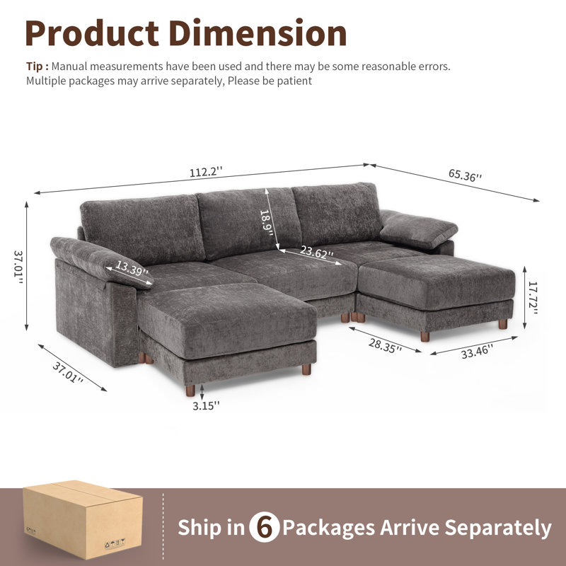 Canapé modulaire moderne pour le salon, H 37 po x l 112,2 po x P 37 po, Gris chenille