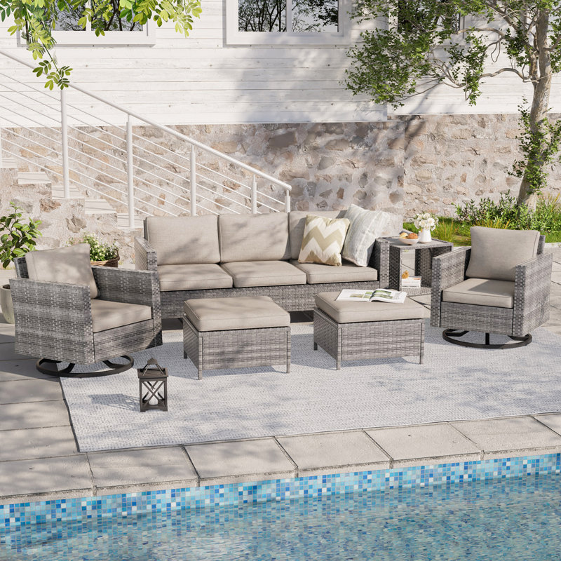 Charlenne 5 - Person Swivel Rocking Chair Outdoor Seating Group with Cushions, Gray, Beige