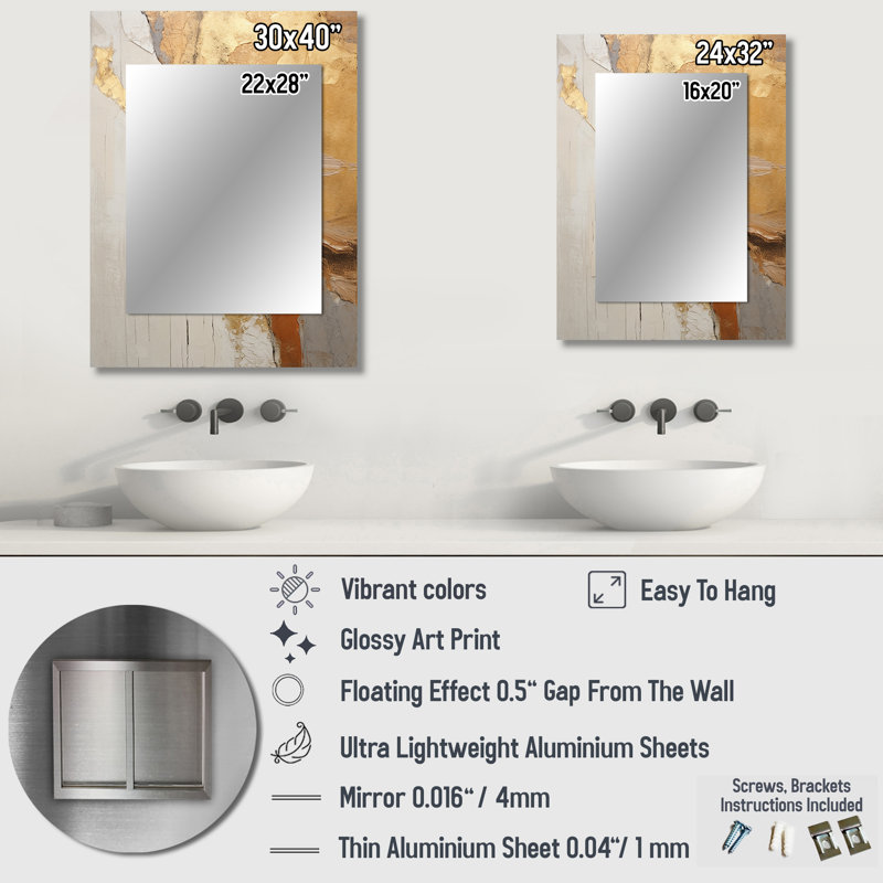 Abstract Beige Gold Road Collage V - Abstract Collages Decorative Mirror, Modern Wall Mirror, Printed Metal Art, 40" x 30"