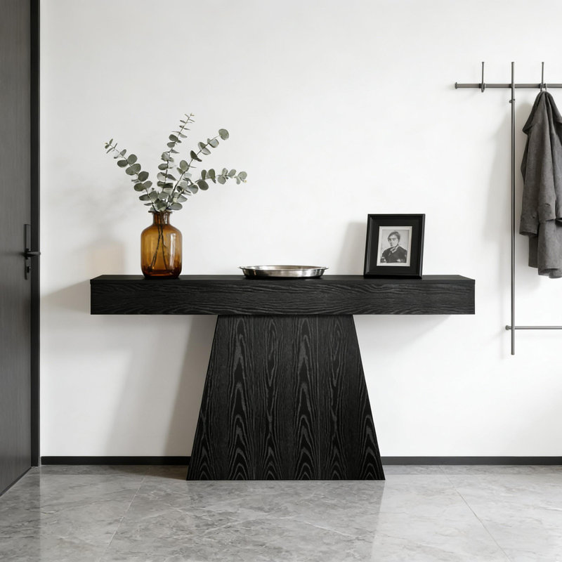 Console élégante en bois massif de 63 pouces - Table d'entrée minimaliste et table de canapé avec base géométrique, finition noire