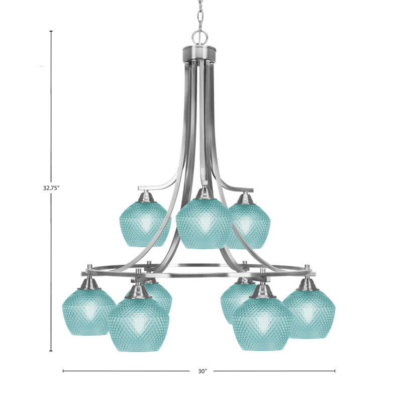 Lustre en cristal 6 lumières à finition nickel brossé 6 lumières Mukkesh, Sarcelle, Nickel brossé
