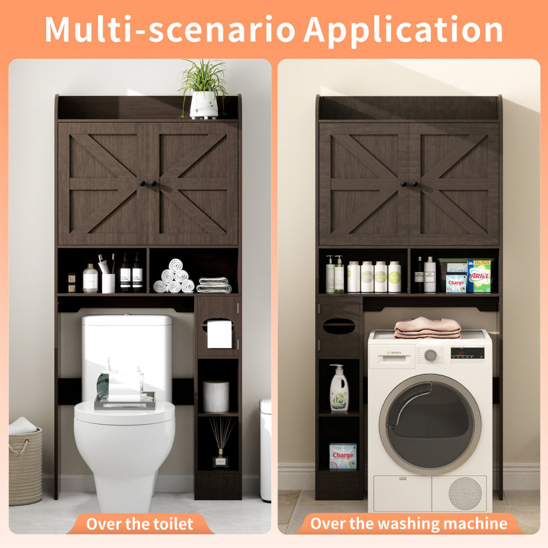32.3” W Farmhouse Bathroom Storage Cabinet, Over The Toilet Storage Cabinet with Toilet Paper Holder and Barn Doors
