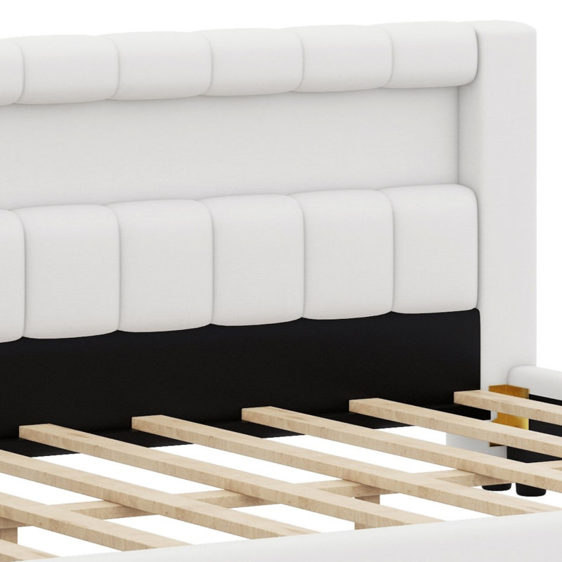 Upholstered Bed Frame with LED Lighting and USB Ports, Cream White, Full XL