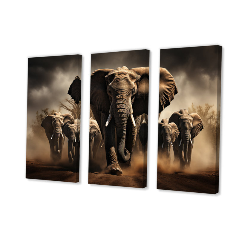 Éléphant harmonie en monochrome 3 sur toile, reproduction de 3 pièces, H 28 po x l 36 po x P 1 po