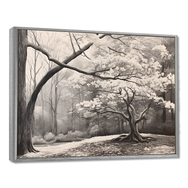 Cornouiller blanc et gris en hiver - art mural floral grand, H 12 po x l 20 po, Encadrement doré