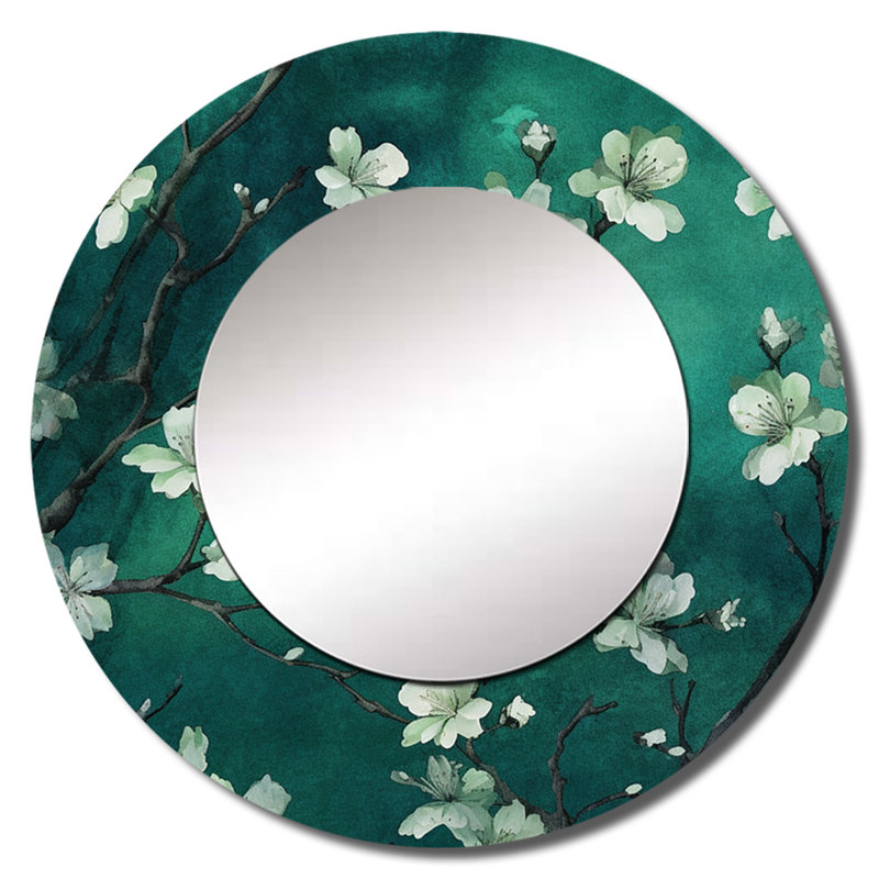 Emerald Cherry Blossoms Symphony - grand miroir mural cerise, miroir décoratif rond traditionnel, impression d'art en métal