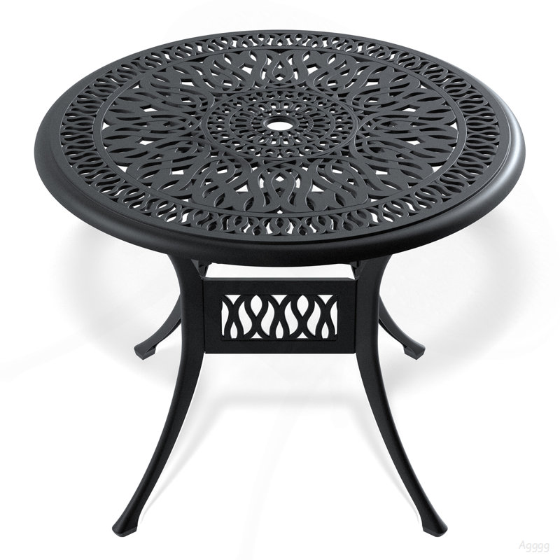 Table de salle à manger de patio en aluminium coulé 35,43 pouces avec structure noire et trou pour parasol