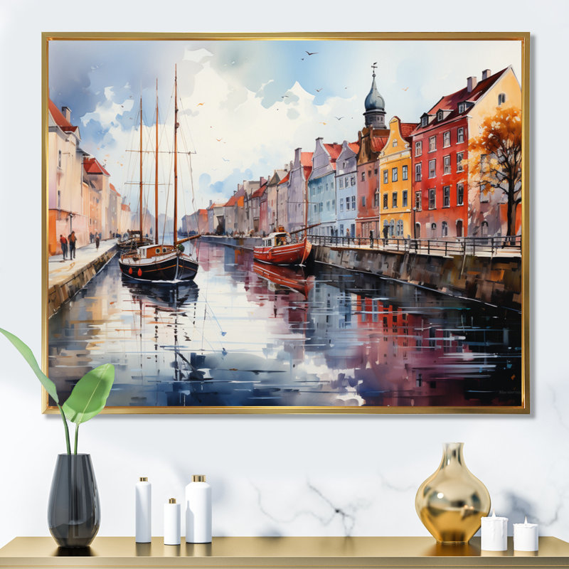 «Danemark Canal Promenade I», reproduction sur toile, H 34 po x l 44 po x P 1,5 po, Cadre flottant doré