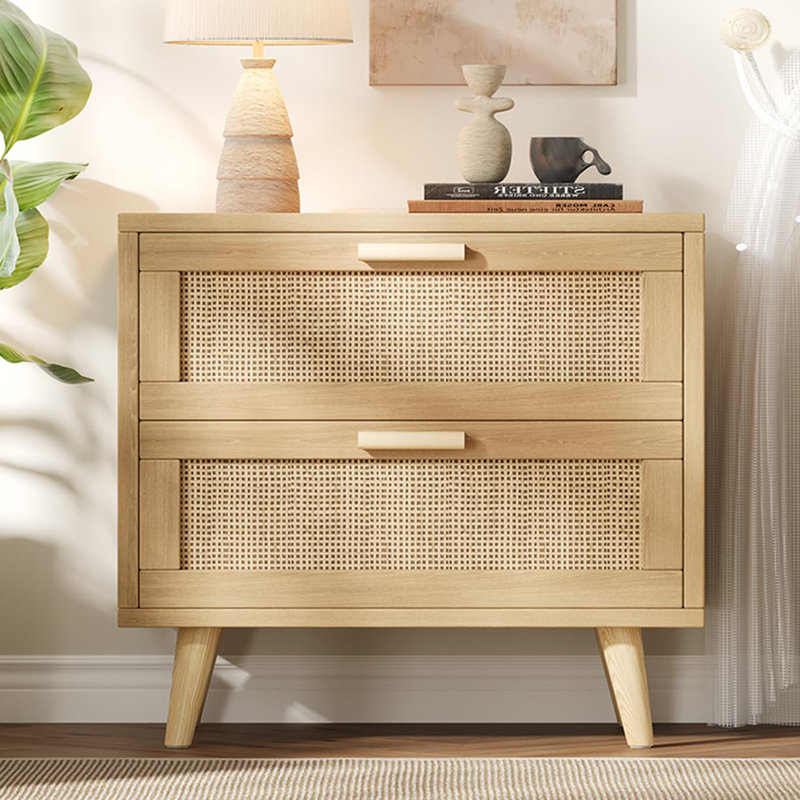 23.6" Wide Rattan Nightstand With Charging Station - 2-Drawer Boho Bedside Table With 2 USB & 2 AC Outlets - Wooden End Table With Solid Wood Legs - Natural Oak