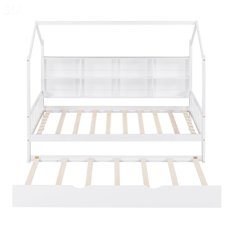 Lit simple en bois avec lit gigogne, lit pour enfant avec tablette, blanc, lit