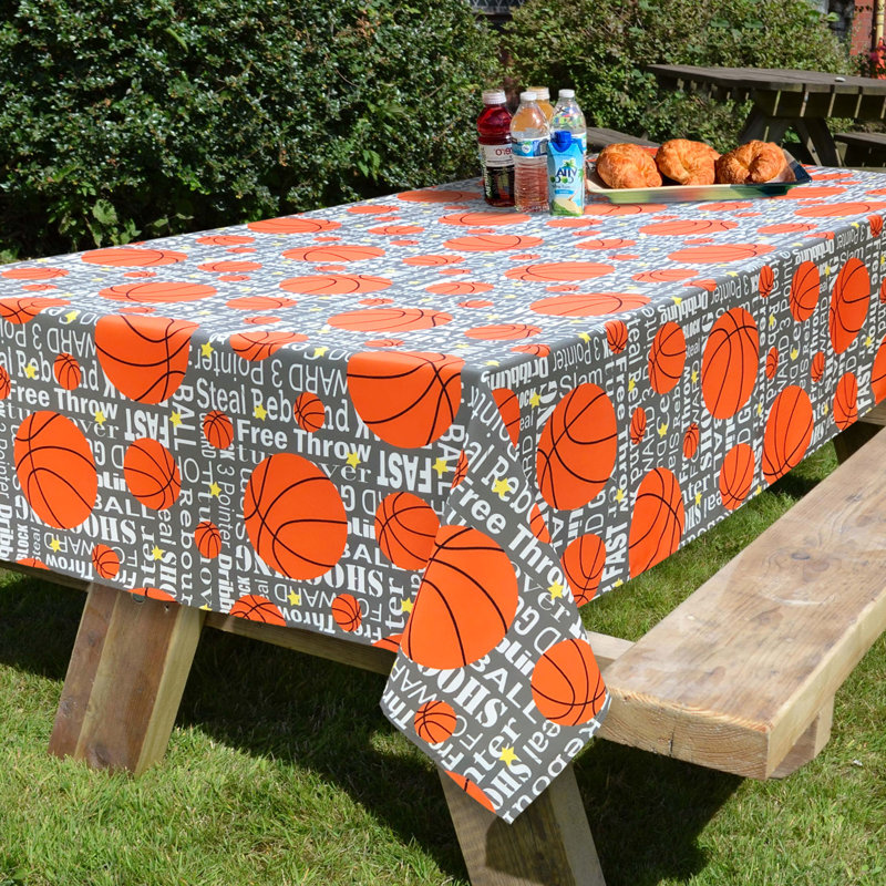 Passion For Basketball Collection 60X90 Inch Printed Tablecloth With Table Weight Set (Pewter Background), Gray/Orange