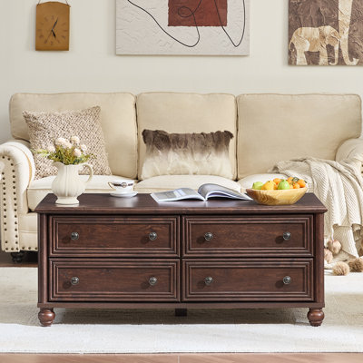 48" Farmhouse Coffee Table With Hidden Storage,Wooden Coffee Tables With 4 Drawers & Roman Column Handle,Rectangular Rustic Center Table With Solid Wood Curved Base For Living Room,Office