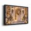 Porte festive blanche avec grand nœud doré et toile de Noël enneigée-1288851865