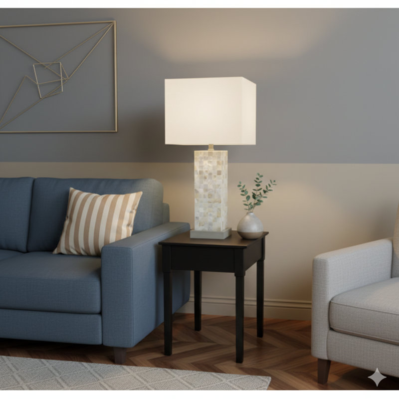 Modern White Chrome-Finished Base Mosaic Pattern 2Pc Table Lamp Soft Diffused Light White Shade