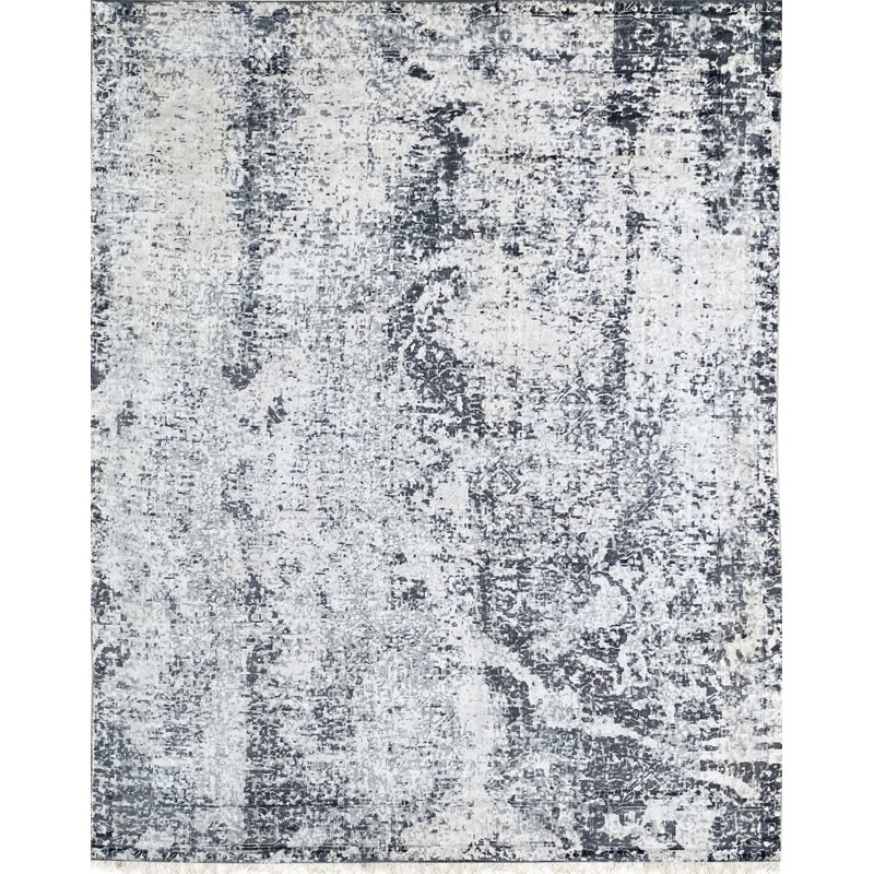 7x9 Ivory Hand-Knotted Wool Pixelated Distressed Abstract Modern Contemporary Carpet Rug