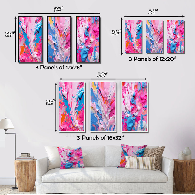 "Art liquide rose et bleu", 3 pièces sur toile, Cadre flottant doré, H 28 po x l 36 po