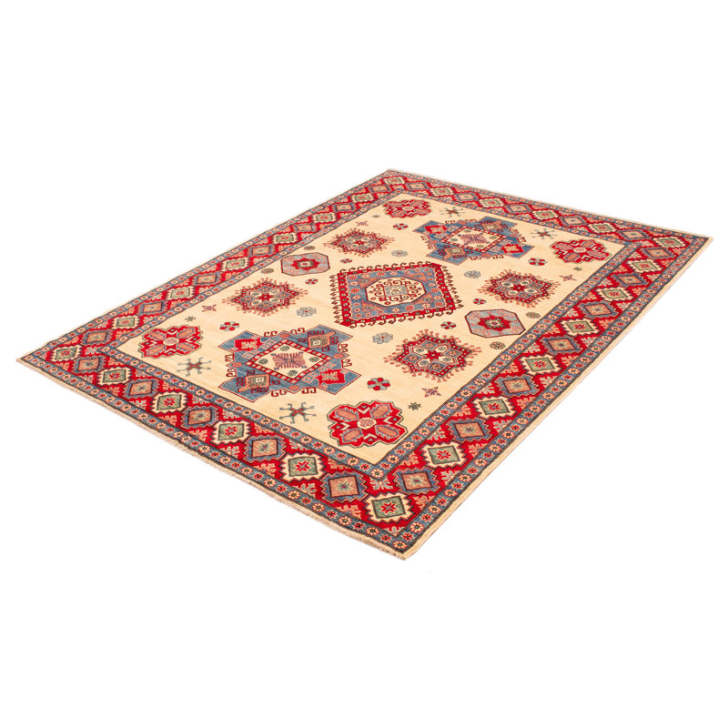 Tapis crème / rouge en laine noué à la main de conception unique 8 pi 4 po x 11 pi 3 po New Age