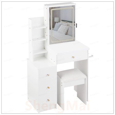 Table de meuble-lavabo compacte avec tabouret rembourré, miroir à DEL et centrale électrique, idéale pour les petits espaces et une utilisation multifonctionnelle.