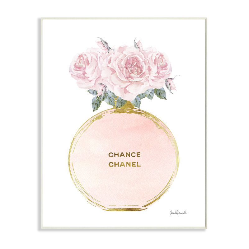 Bouteille de parfum ronde rose et or avec roses-impression d’art graphique, H 18 po x l 12,5 po x P 0,5 po, Plaque murale