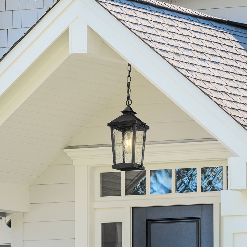 14 Inch Outdoor Hanging Light Die-Cast Aluminum Seeded Glass Black Finish
