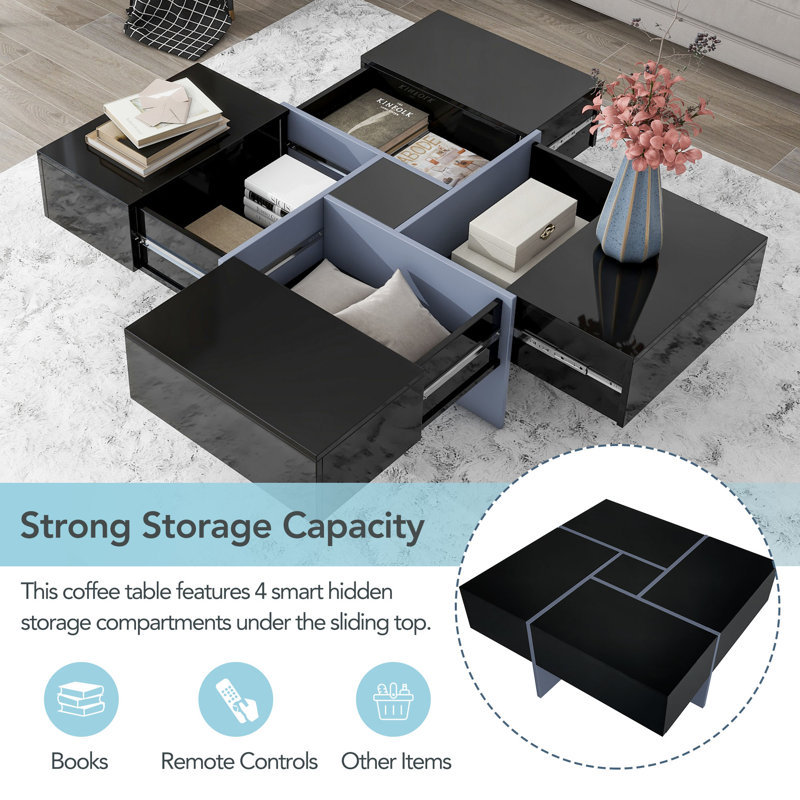Coffee Table With 4 Hidden Storage Compartments, UV Gloss Square Centre Table With Sliding Top For Living Room, Black