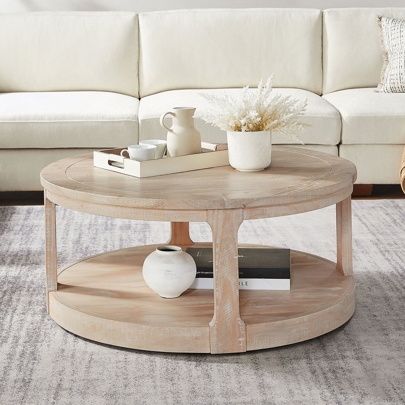 Grande table basse ronde de 40 po à 2 niveaux, Chêne
