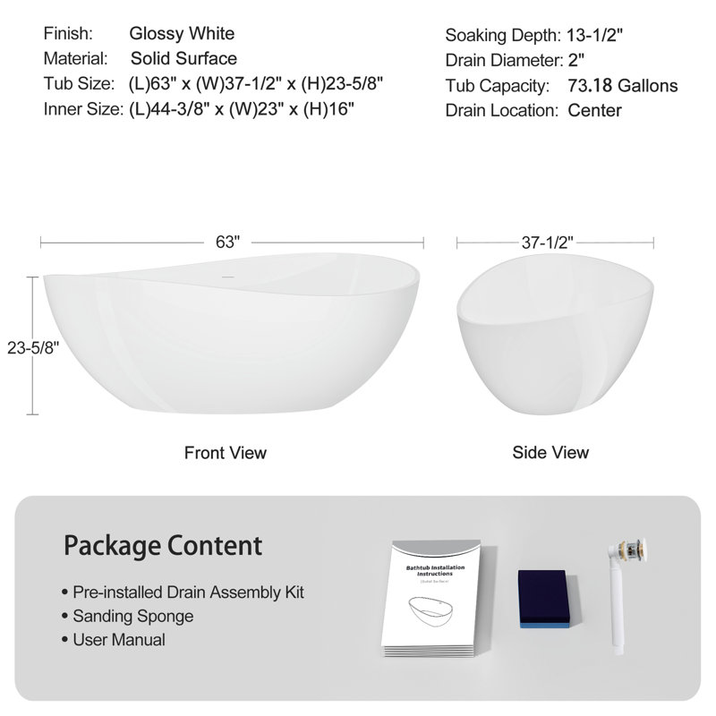 Baignoire autoportante de 63 po à surface solide, baignoire de trempage autoportante en résine d'ingénierie de luxe avec trop-plein et bonde escamotable pour salle de bain contemporaine, blanc brillant