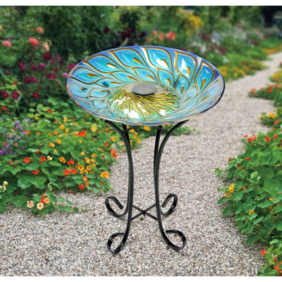 Solar Glass Peacock Feathers Bird Bath with Stand