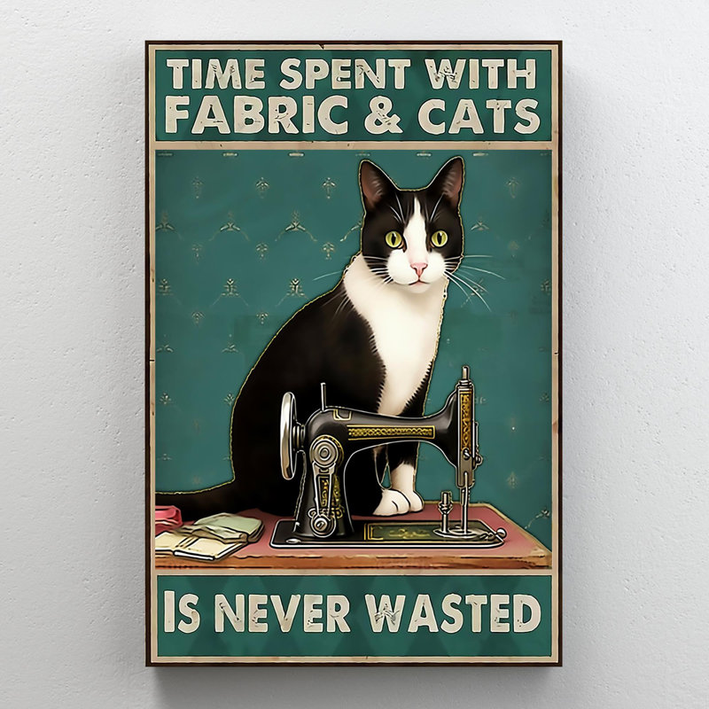 Temps passé avec le tissu et le chat - 1 pièce, impression sur toile tendue, H 20 po x l 16 po x P 1,25 po