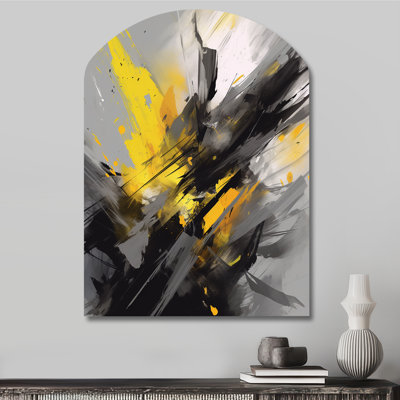 «Yellow Grey Vibrant Swirls II», art mural en forme d'arche géométrique, impression asymétrique jaune sur métal