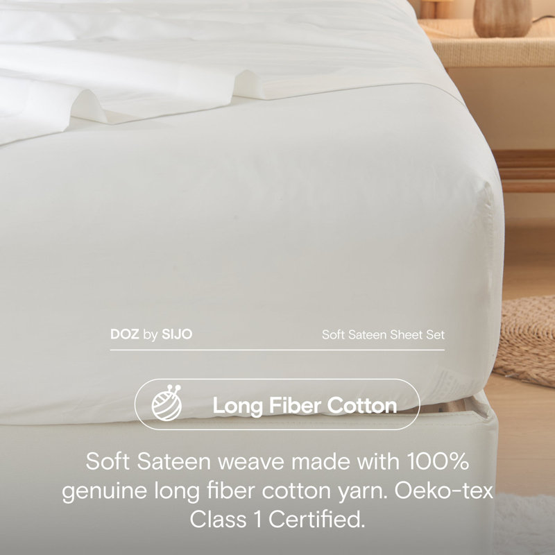 DOZ Long Staple Sateen Sheet Set No Flat Sheet, King Sheet Set, White