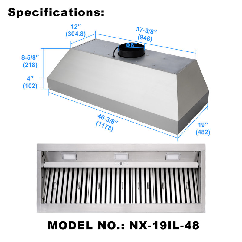 Akicon 48" 1200 CFM Ducted Insert Range Hood with 4-Speed Fan, 3 Led Lights, Baffle Filter