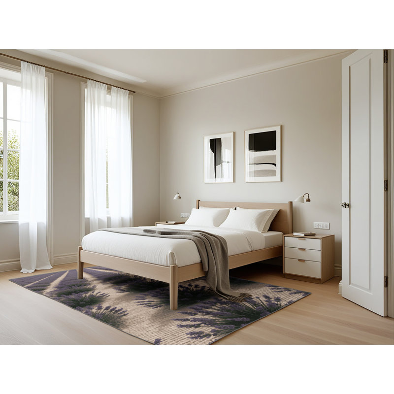 Tapis gris botanique lavable à la machine, Rectangle 5 pi x 7 pi
