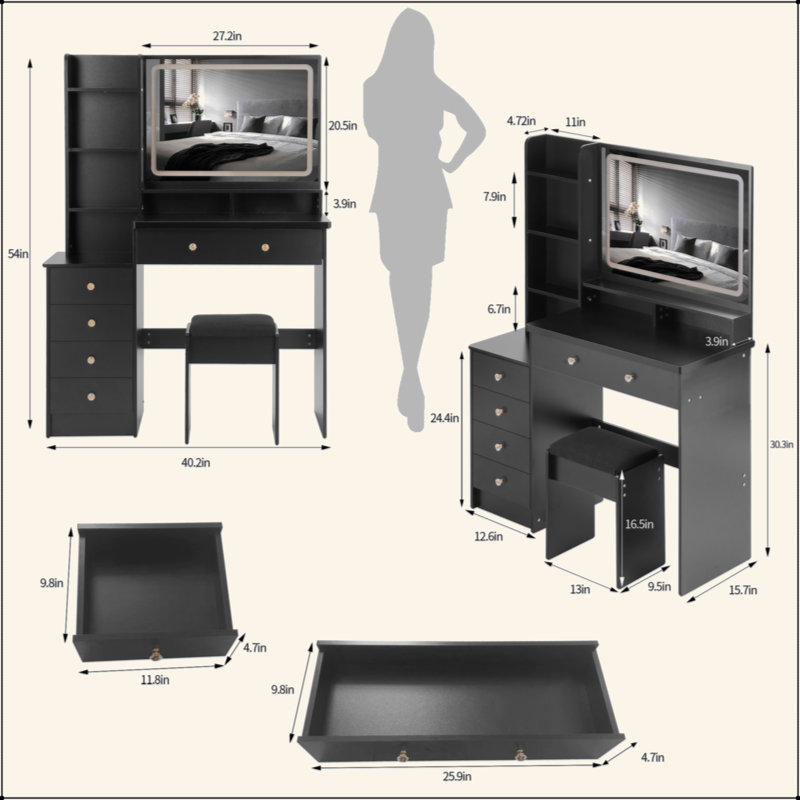 41" Large Size Left Bedside Cabinet Vanity Table+Cushioned Stool, Extra Large Touch Control LED Mirror, 3-Color Switch, Multi Layer High Capacity Storage Fashionable Dresser, Suitable For Large Space