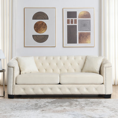77-Inch Modern Chesterfield Velvet Sofa, 3-Seater with Tufted Backrests, Nailhead Arms, and 2 Cushions for Stylish Comfort