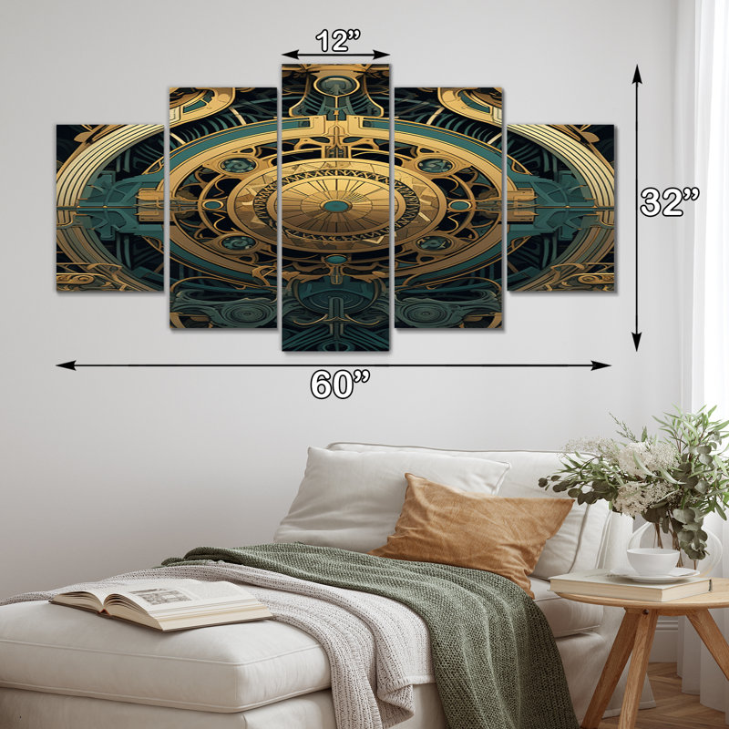 Mandala de l'ancienne Atlantide en or et bleu rétro I - Boho Mandala Wall Art Living Room - 5 Panels