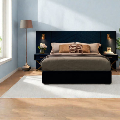 Lits modernes en velours avec structure en bois, tête de lit à oreilles élégante, confort à la maison
