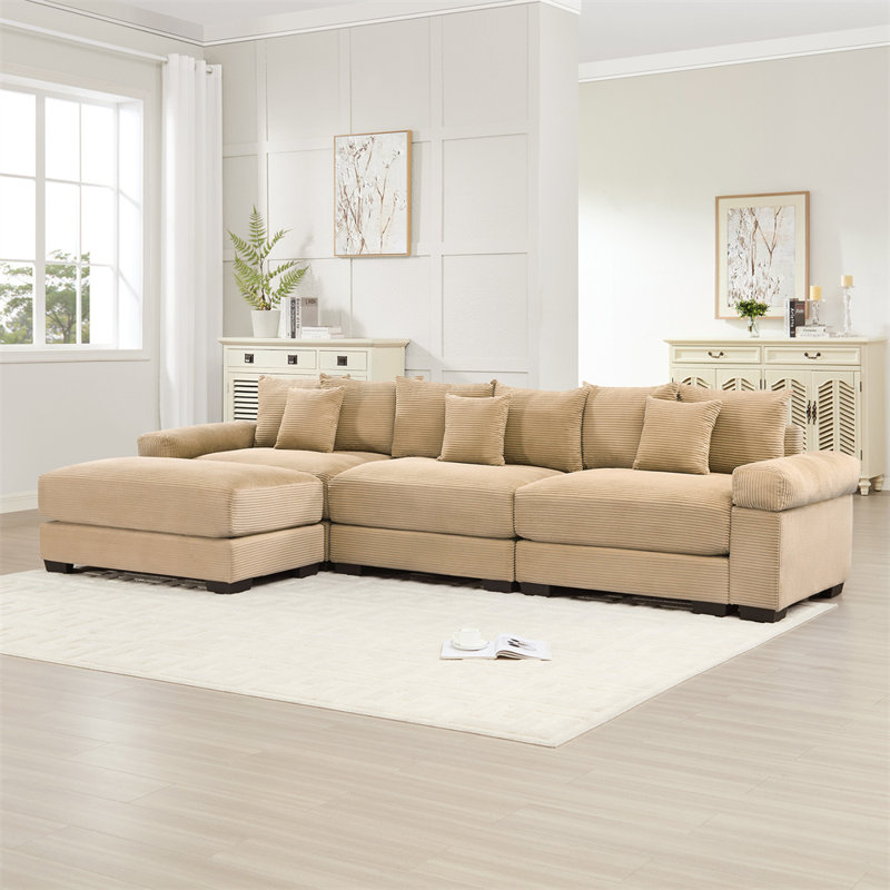 3 Seater Sofa with Ottoman, Camel Corduroy