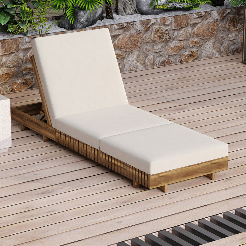Ensemble de chaise longue en bois d'acacia massif avec coussin de salon, Crème