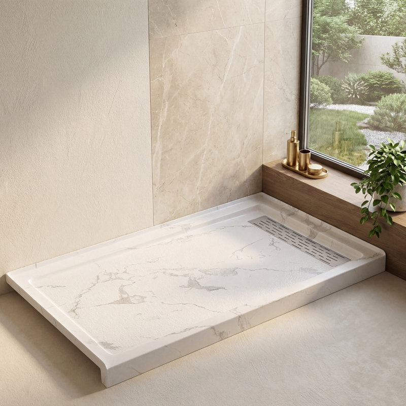  Base de douche rectangulaire l 60 po x P 36 po, plateau de douche en acrylique d'aspect marbre avec texture antidérapante