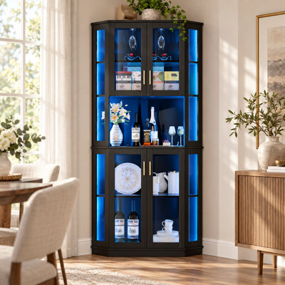 5-Tier Corner Wine Bar Cabinet, 71'' Tall Wine Cabinet with LED Lights, Home Liquor Coffee Bar Cabinet, Tempered Glass Door & Glasses Rack, Alcohol Cabinet Storage Hutch for Living Room