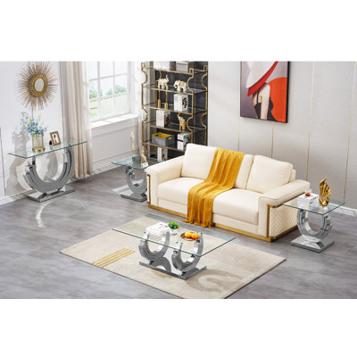 4 Piece Glass Coffee Table Set Modern Living Room Table Set with 1 Coffee Table  2 End Tables  1 Console Table Coffee Table Set with 3CShape Base