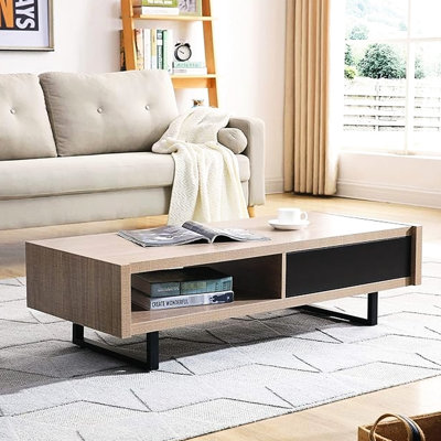 Table basse Mid-Century moderne en bois de frêne brun clair avec tous les pieds en métal, deux trous pour le rangement, L 47,2 po x l 19,7 po x H 13,8 po, salon intégré, télécommandes de télévision en bois Select, longueur 47,2 po, qualité