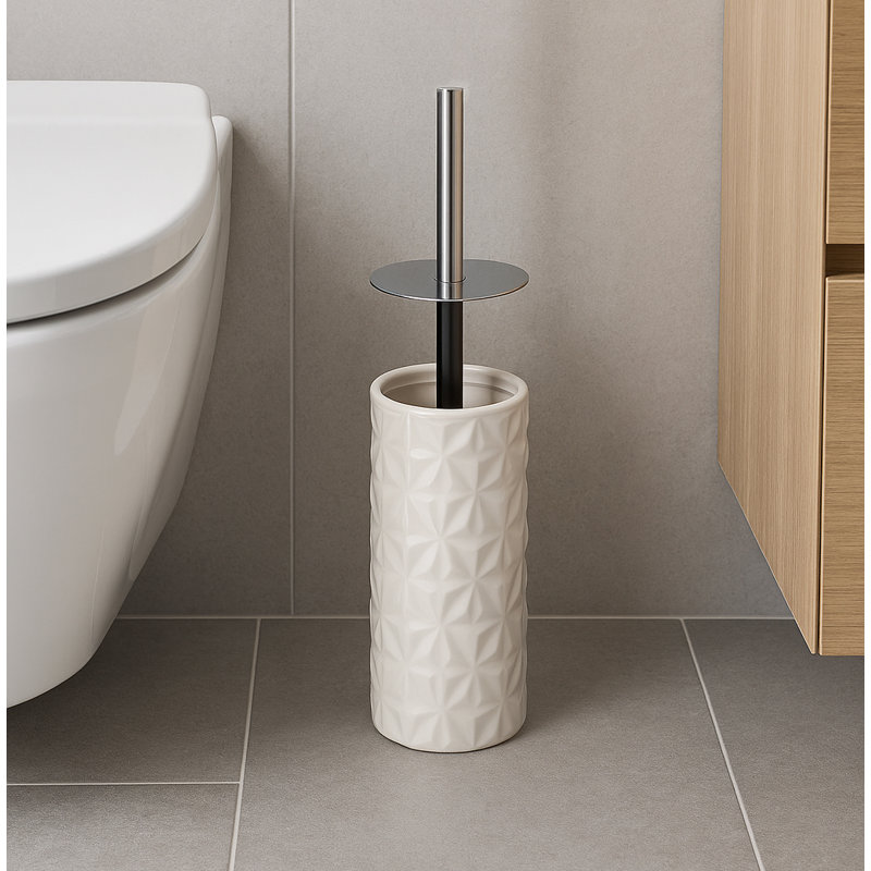Ensemble de brosse de toilette 15 po en céramique crème texturée beige avec support