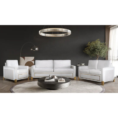 Kimberley 3pc White And Gold Velvet Led Sofa Set With Gold Legs