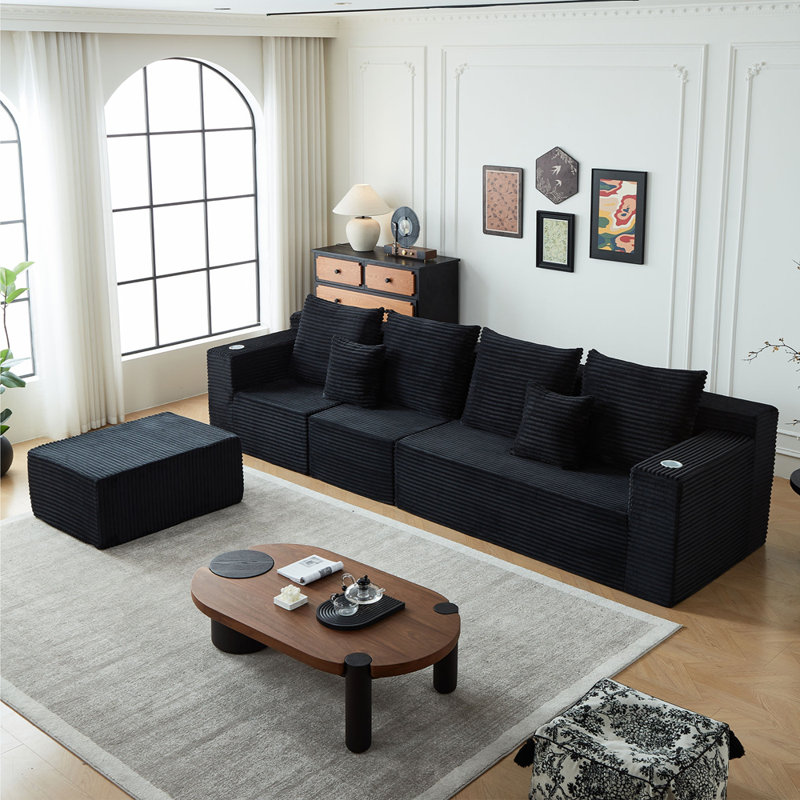 Canapé modulaire désossé en velours côtelé avec porte-gobelets, sans assemblage requis, H 30,01 po x l 137,01 po x P 78,51 po