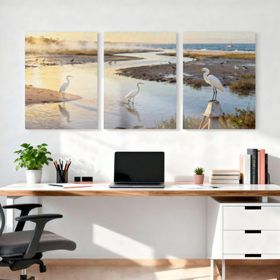 «White Heron Sunset Landscape», ensemble de 3 reproductions d'art sur toile tendues